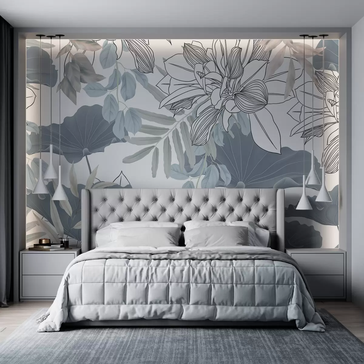 murais de parede Estampado floral com flores de lótus e folhas em azul e branco sobre um fundo branco w08827