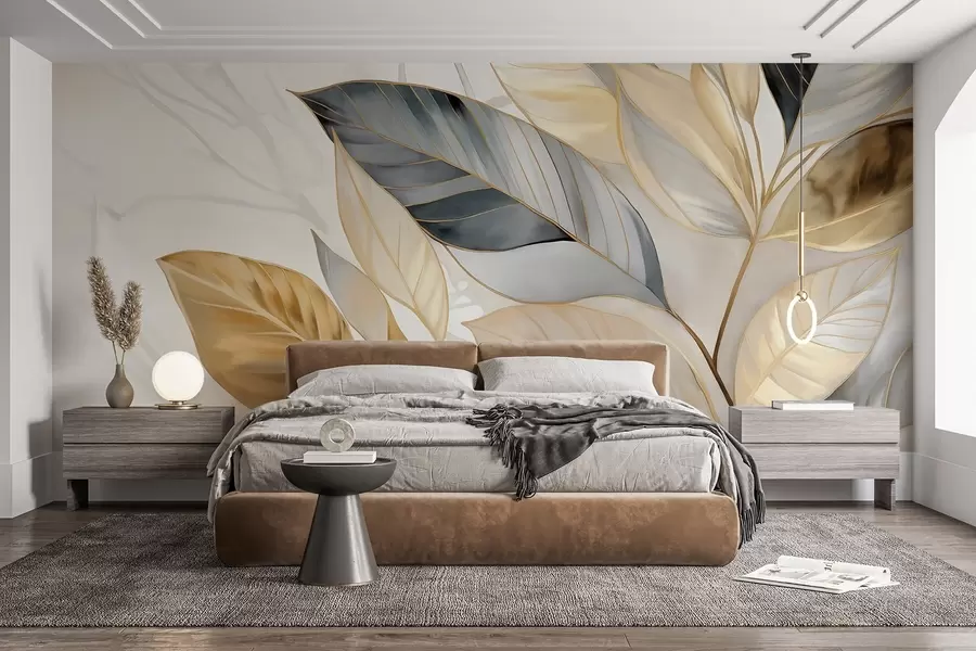 murais de parede Folhas grandes delicadas amarelas, cinzentas e brancas sobre um fundo branco com textura abstrata w08828
