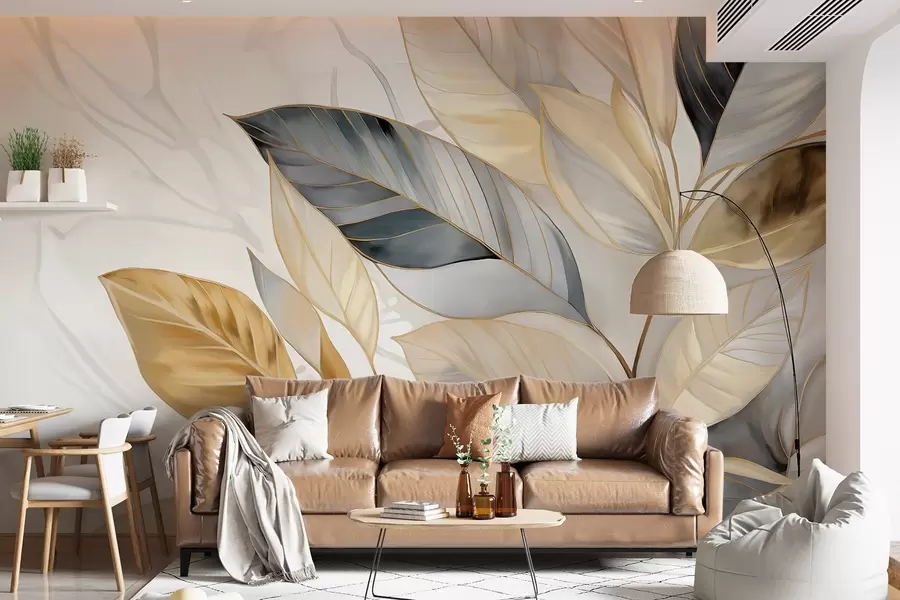 murais de parede Folhas grandes delicadas amarelas, cinzentas e brancas sobre um fundo branco com textura abstrata w08828