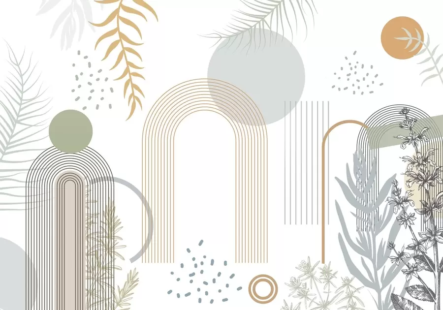 murais de parede Impressão abstrata com formas geométricas, arcos e folhas tropicais sobre um fundo branco w08835