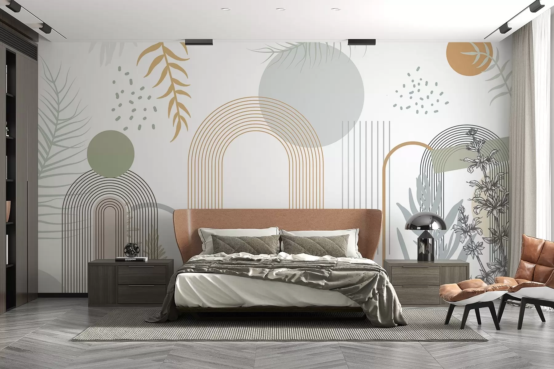 murais de parede Impressão abstrata com formas geométricas, arcos e folhas tropicais sobre um fundo branco w08835