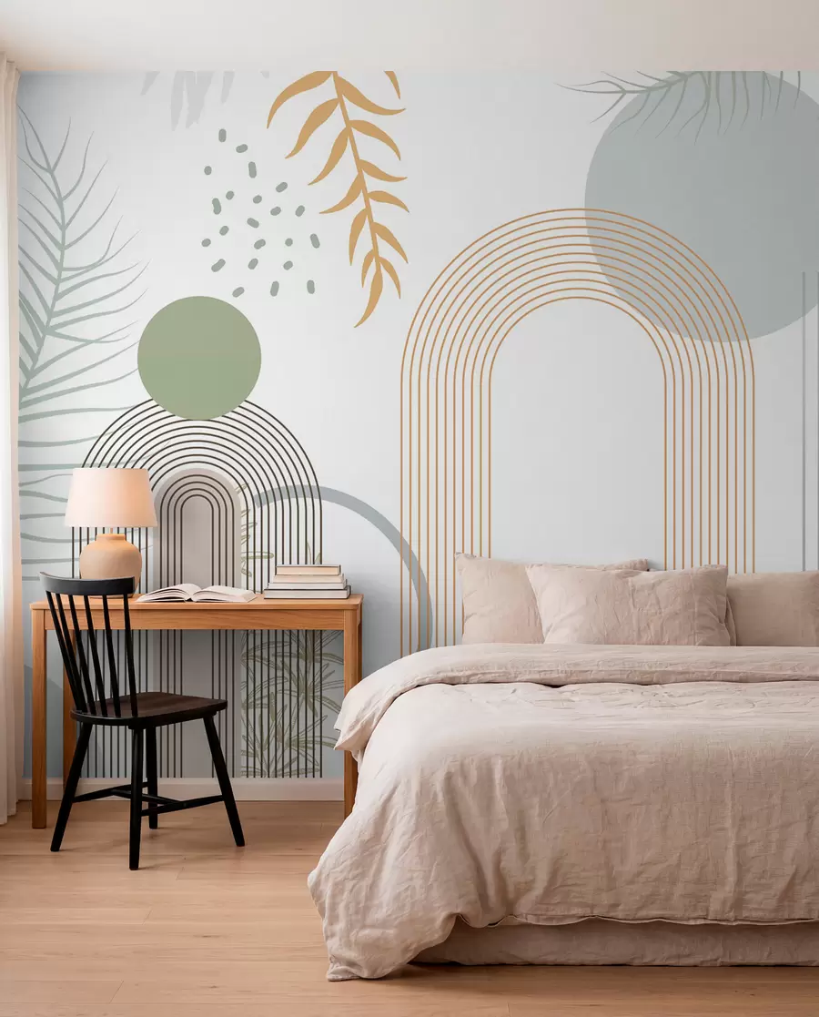 murais de parede Impressão abstrata com formas geométricas, arcos e folhas tropicais sobre um fundo branco w08835