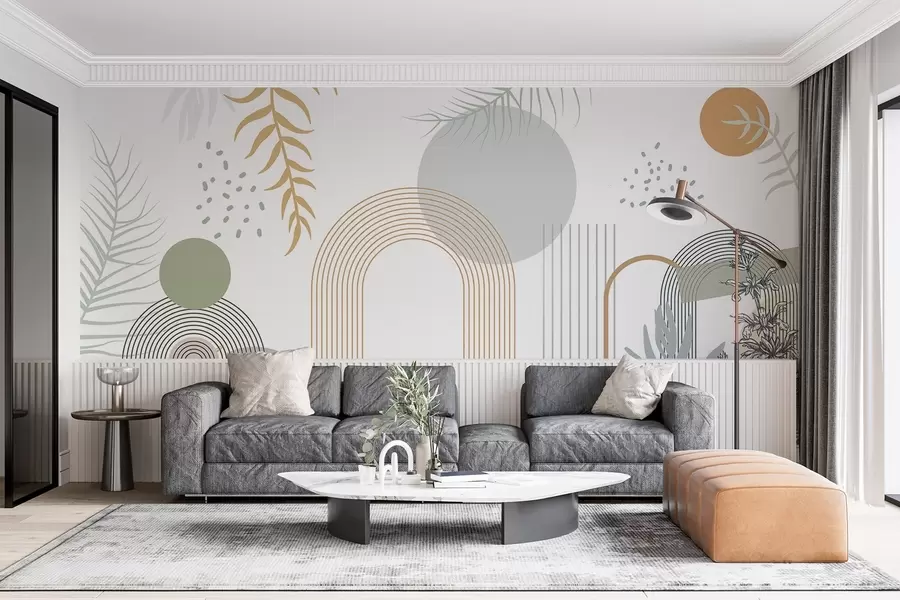 murais de parede Impressão abstrata com formas geométricas, arcos e folhas tropicais sobre um fundo branco w08835