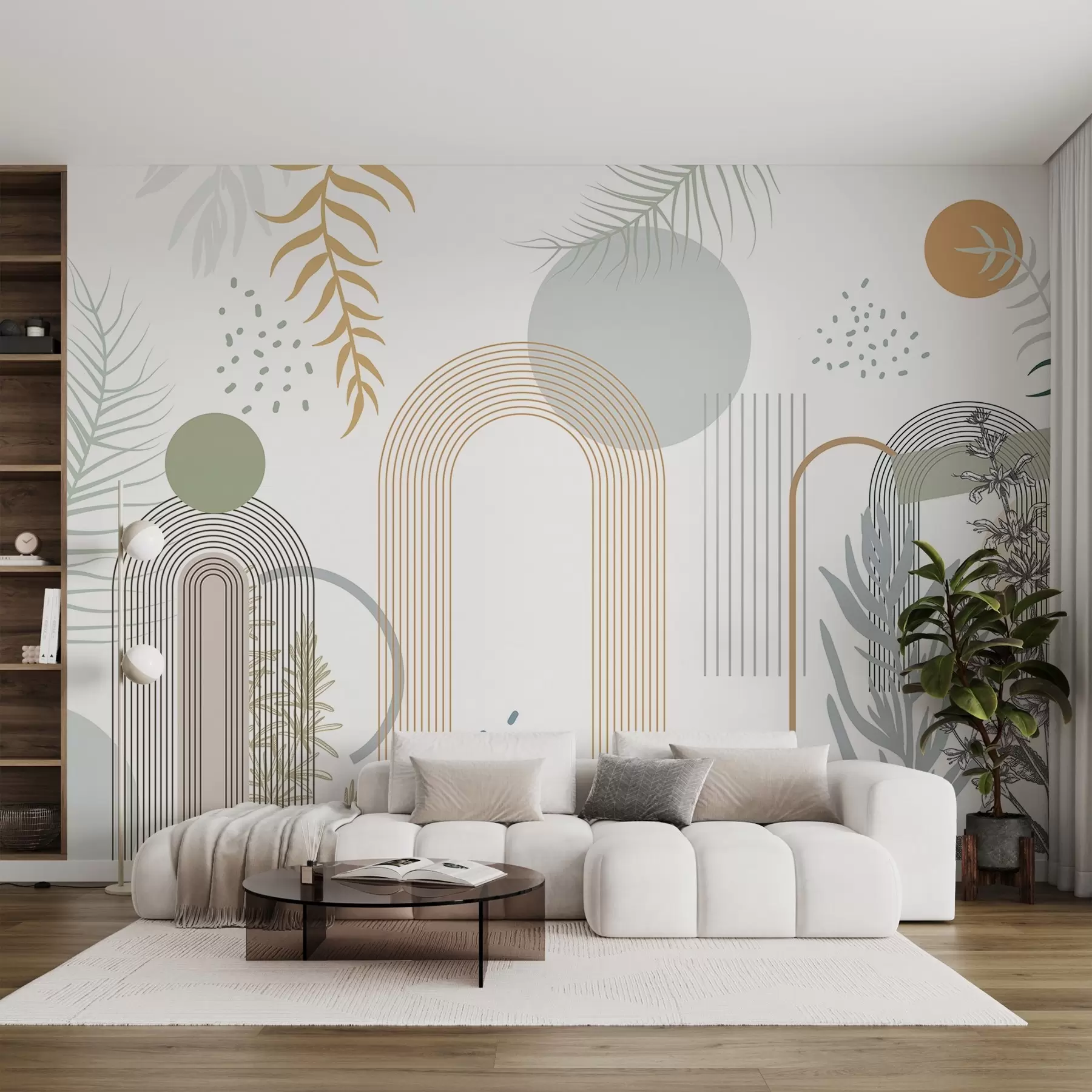 murais de parede Impressão abstrata com formas geométricas, arcos e folhas tropicais sobre um fundo branco w08835