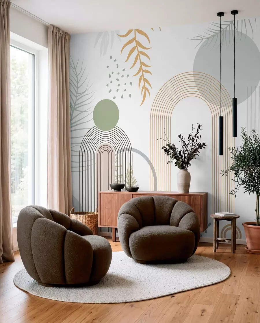 murais de parede Impressão abstrata com formas geométricas, arcos e folhas tropicais sobre um fundo branco w08835