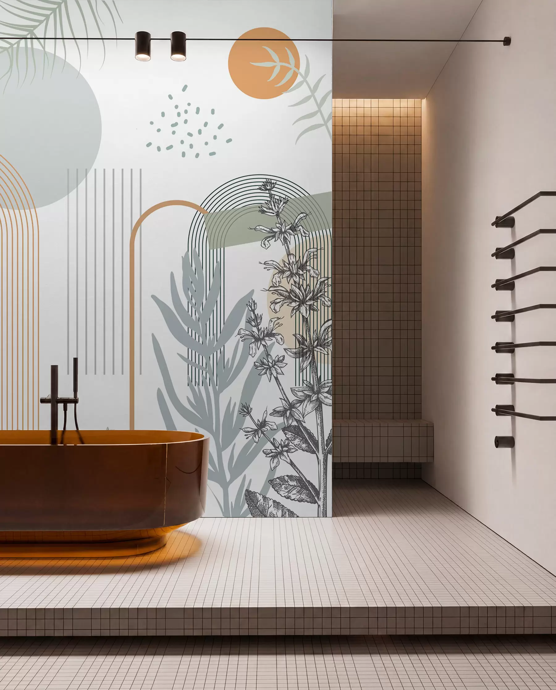 murais de parede Impressão abstrata com formas geométricas, arcos e folhas tropicais sobre um fundo branco w08835