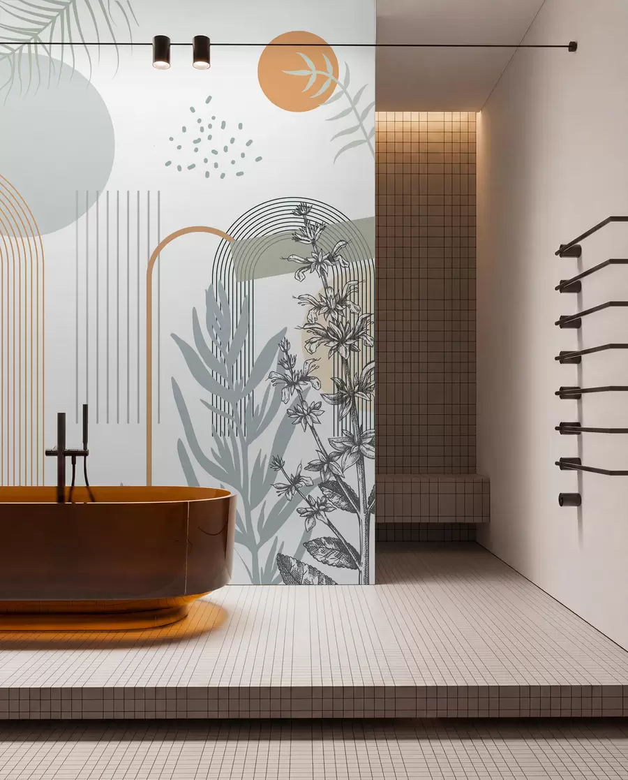 murais de parede Impressão abstrata com formas geométricas, arcos e folhas tropicais sobre um fundo branco w08835
