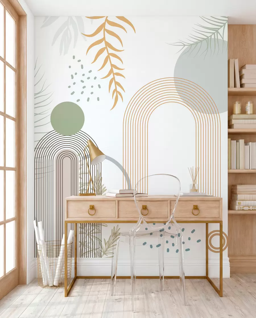 murais de parede Impressão abstrata com formas geométricas, arcos e folhas tropicais sobre um fundo branco w08835