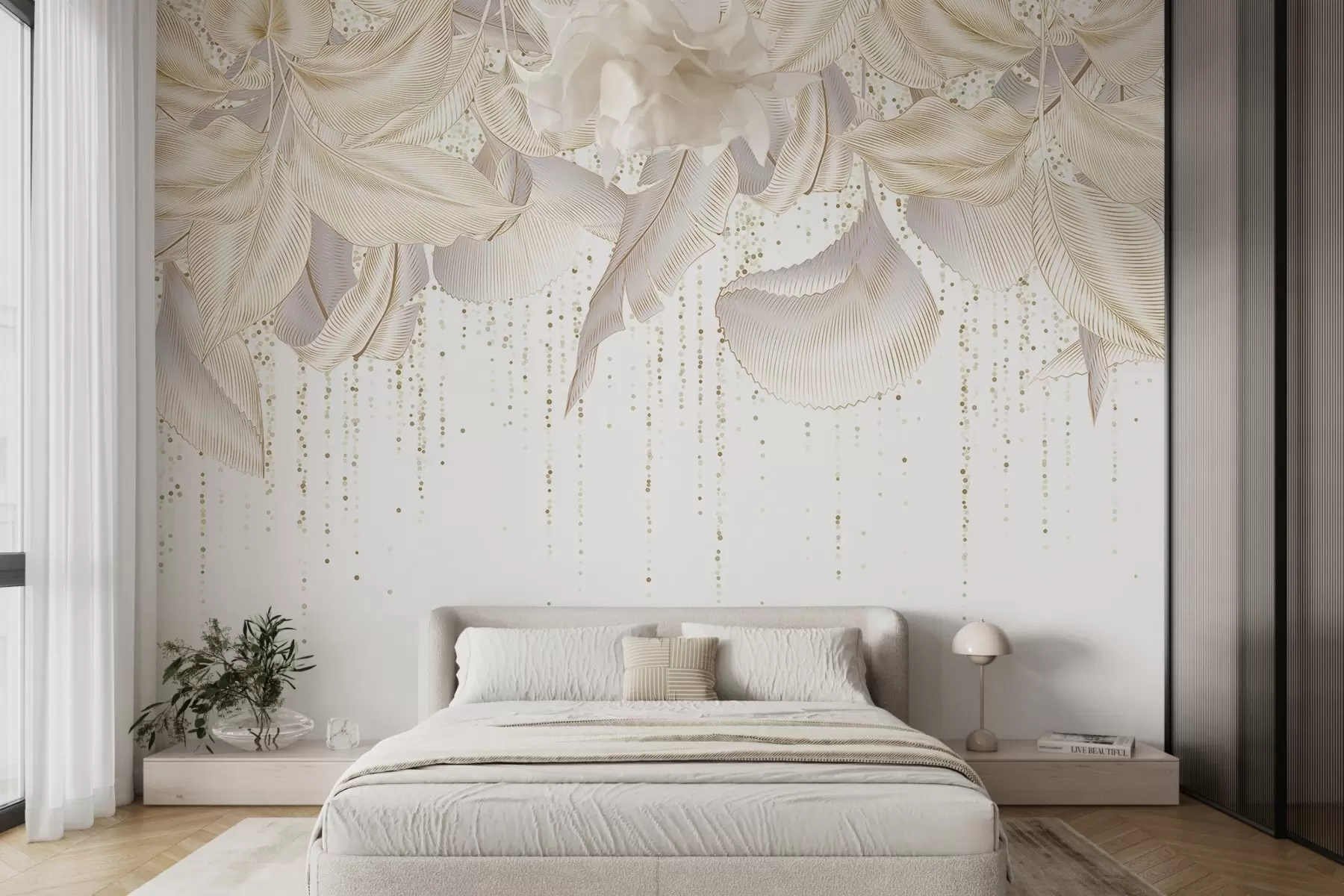 murais de parede Folhas tropicais brancas pormenorizadas e textura de pontos amarelos sobre um fundo branco w08836