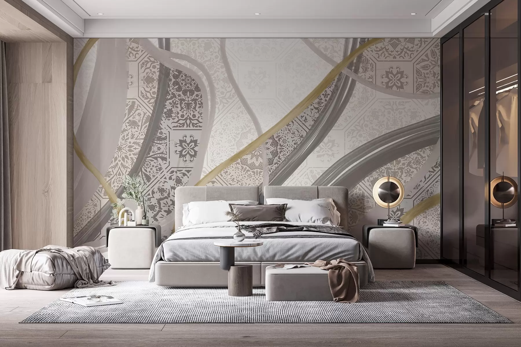 murais de parede Pintura abstrata com padrões geométricos e linhas curvas nas cores bege, cinzento e amarelo w08837