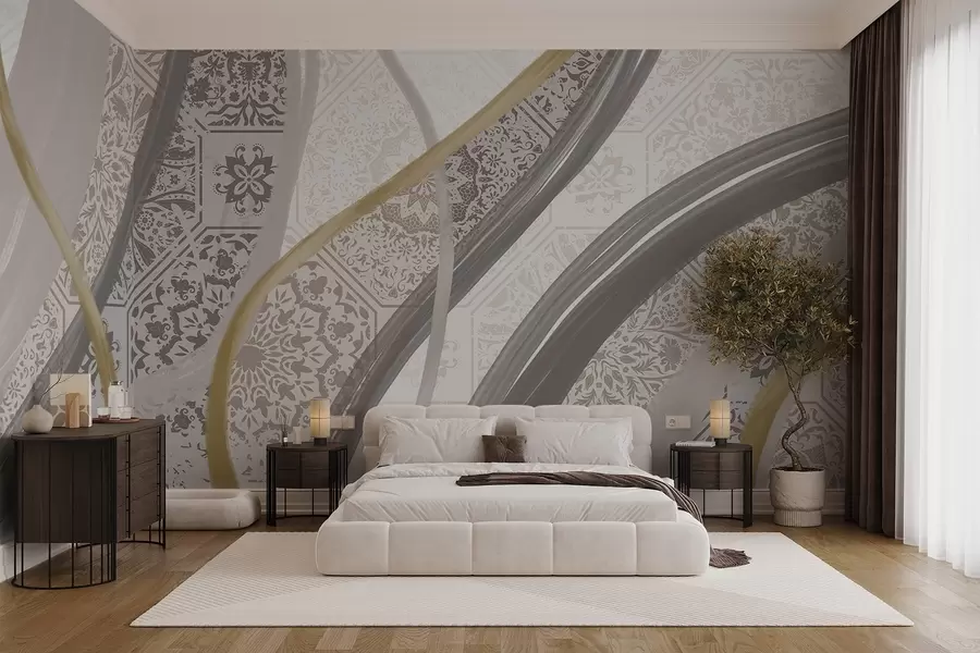 murais de parede Pintura abstrata com padrões geométricos e linhas curvas nas cores bege, cinzento e amarelo w08837