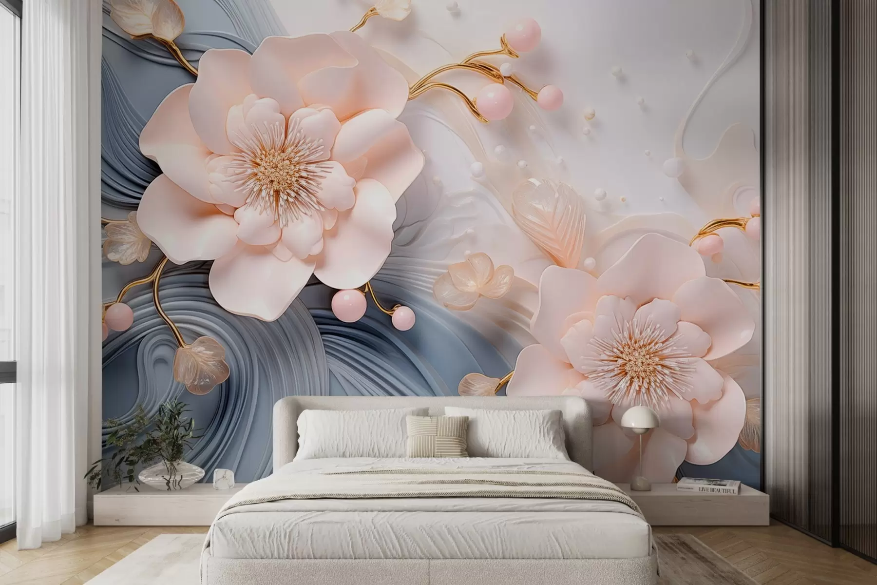 murais de parede desenho de fundo 3D com flores cor-de-rosa e pérolas contra ondas azuis e brancas w08806