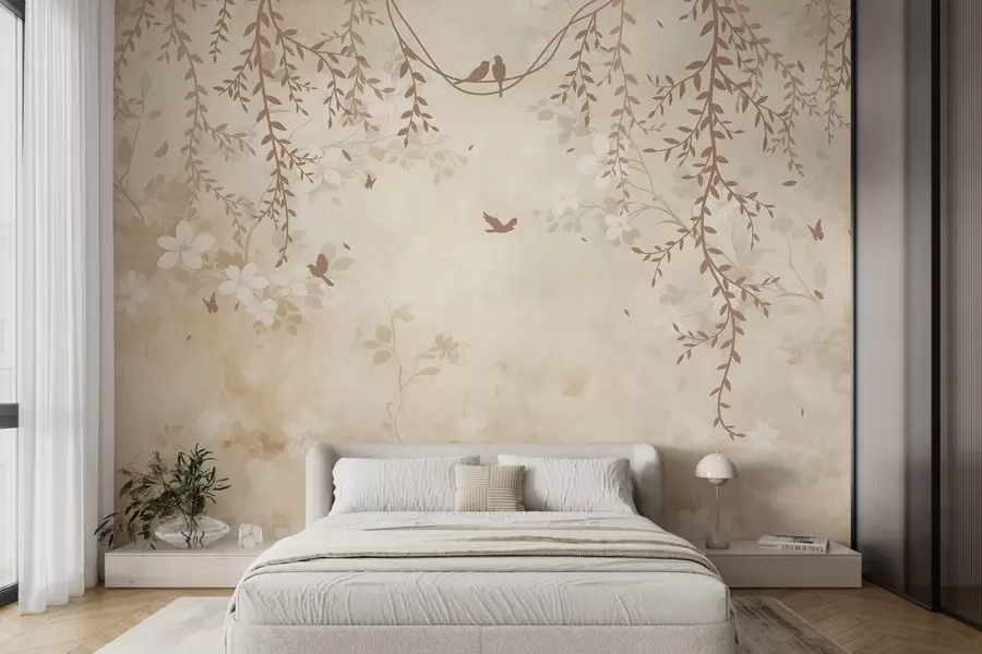 murais de parede Pássaros com plantas suspensas e um padrão floral em tons de bege-creme claro w08809