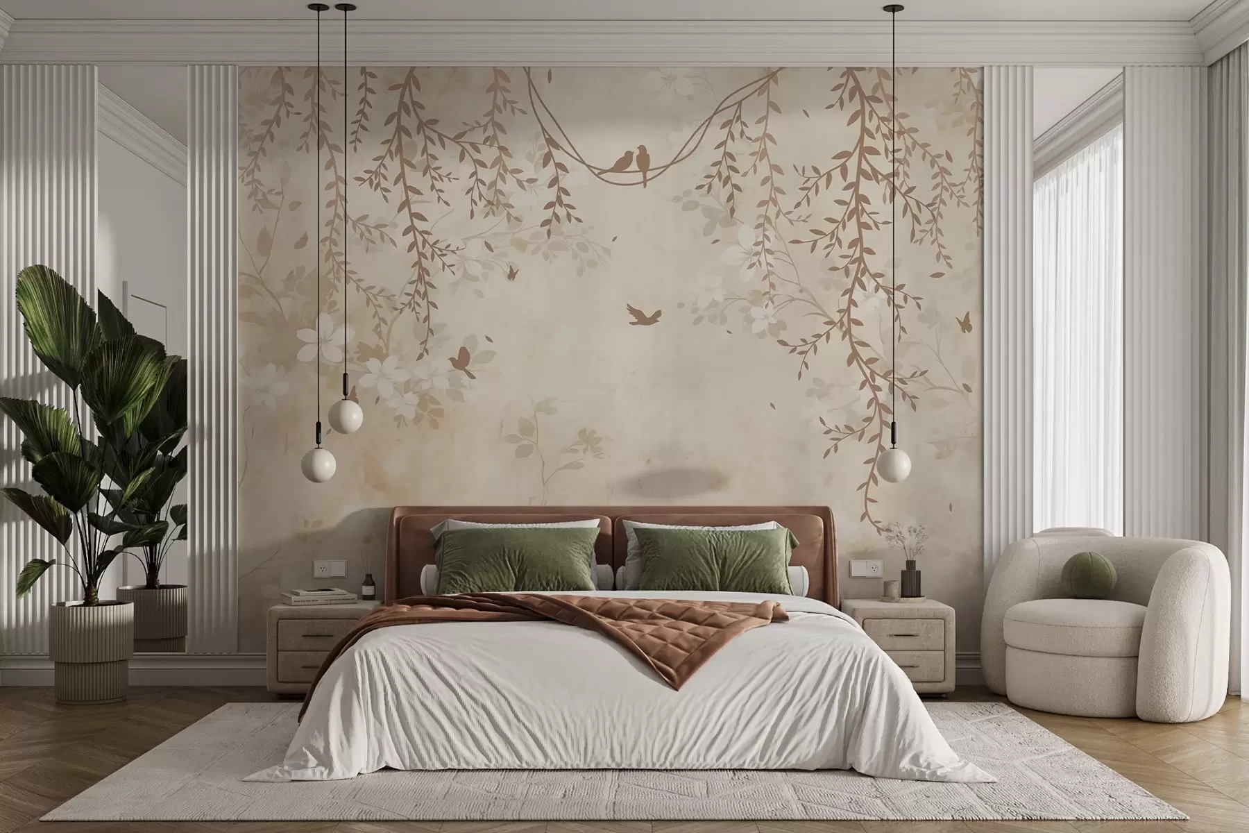 murais de parede Pássaros com plantas suspensas e um padrão floral em tons de bege-creme claro w08809