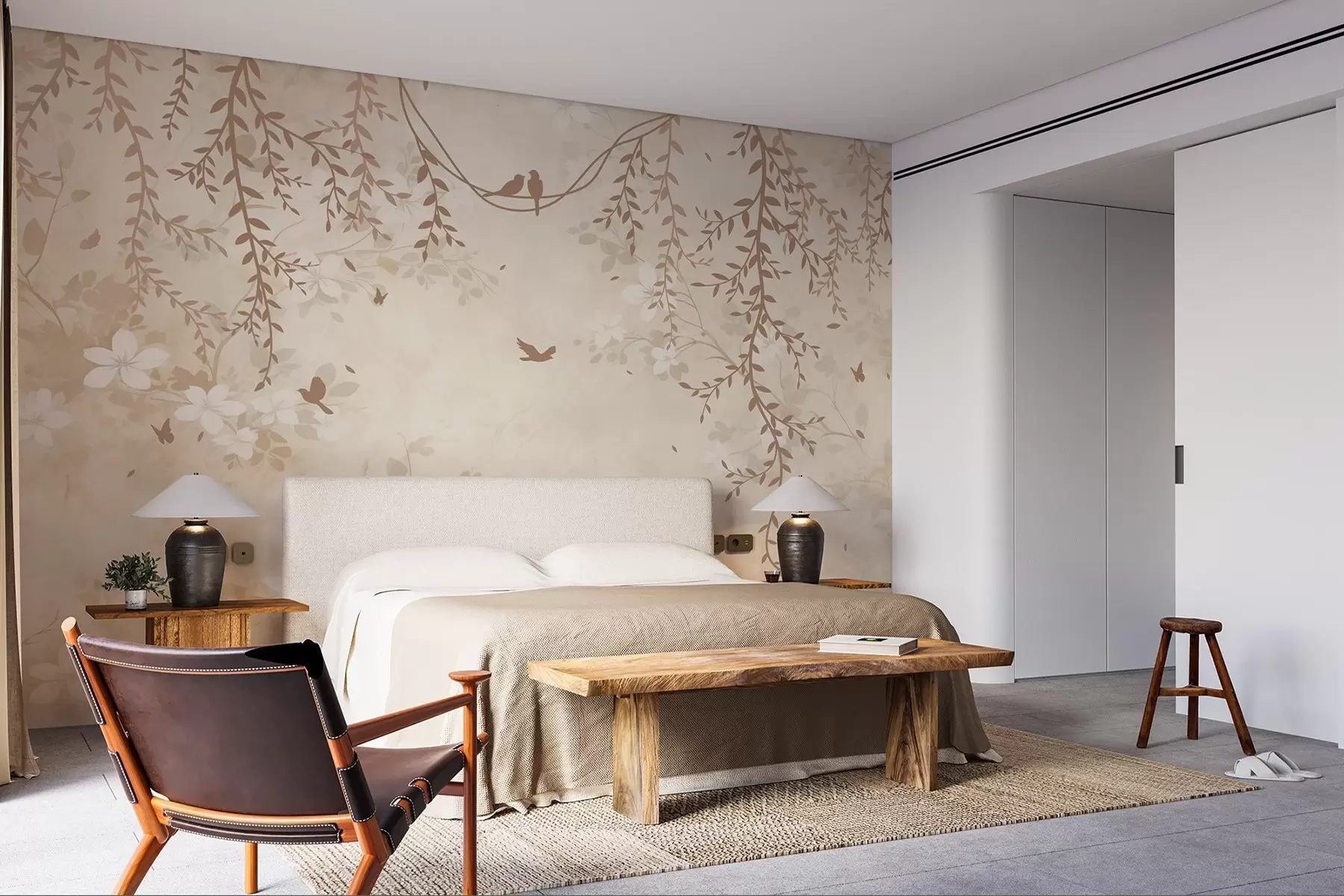 murais de parede Pássaros com plantas suspensas e um padrão floral em tons de bege-creme claro w08809