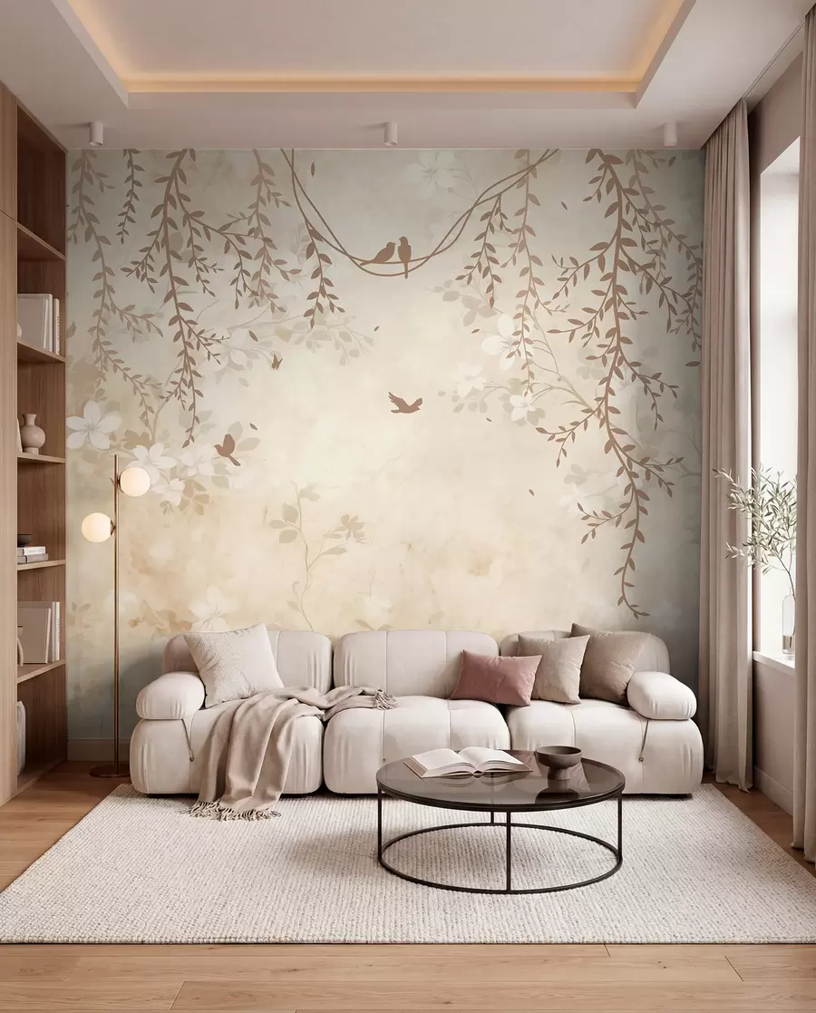 murais de parede Pássaros com plantas suspensas e um padrão floral em tons de bege-creme claro w08809