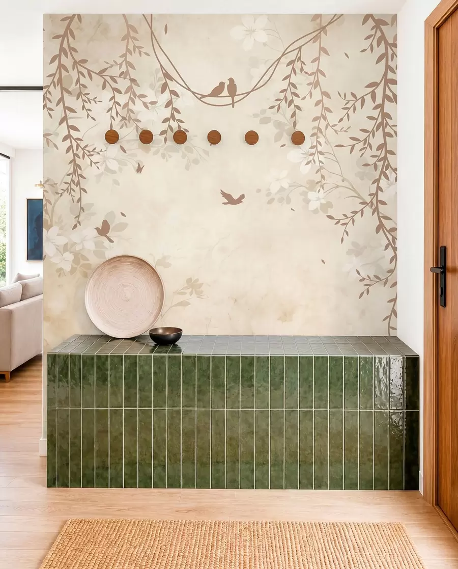murais de parede Pássaros com plantas suspensas e um padrão floral em tons de bege-creme claro w08809