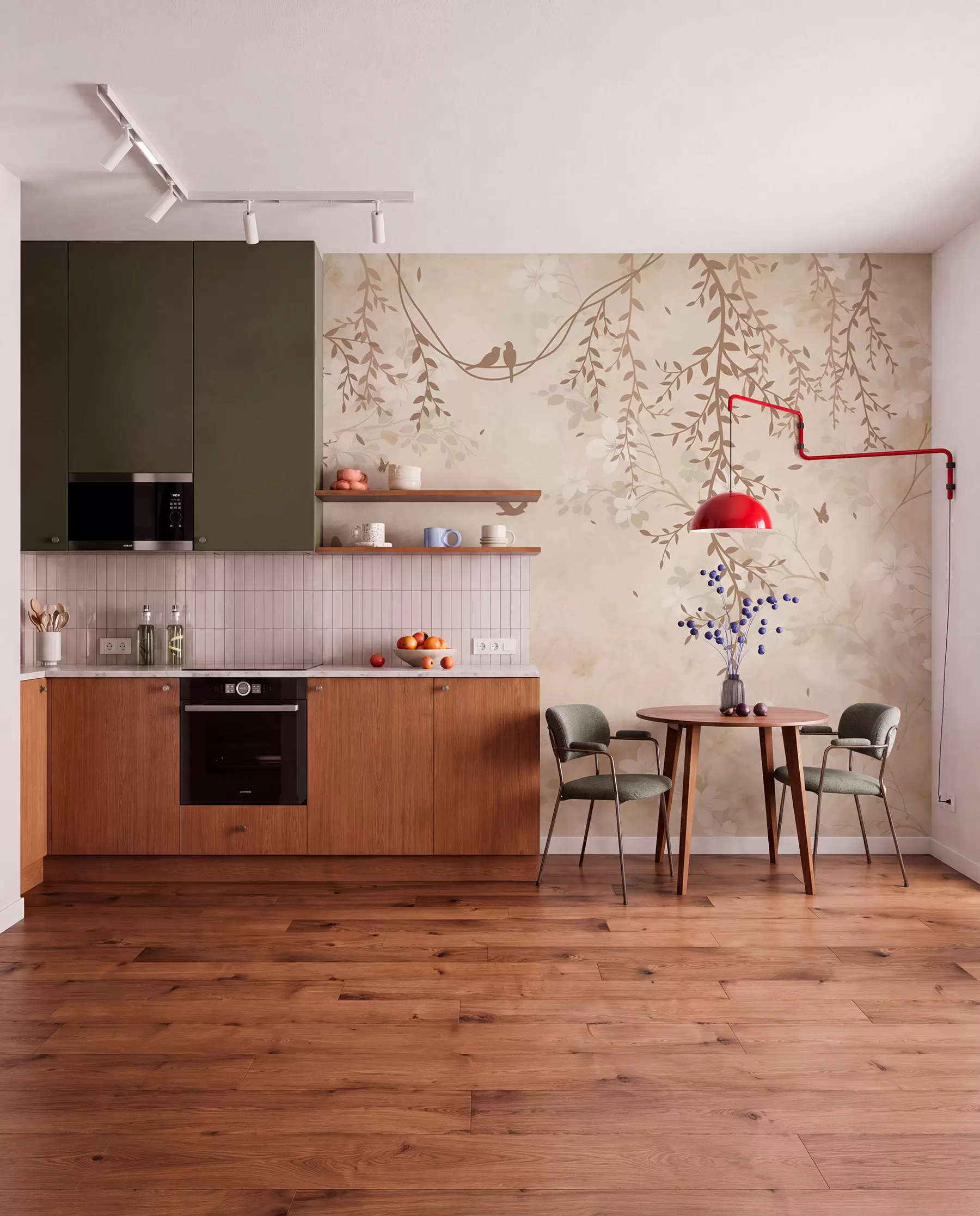 murais de parede Pássaros com plantas suspensas e um padrão floral em tons de bege-creme claro w08809