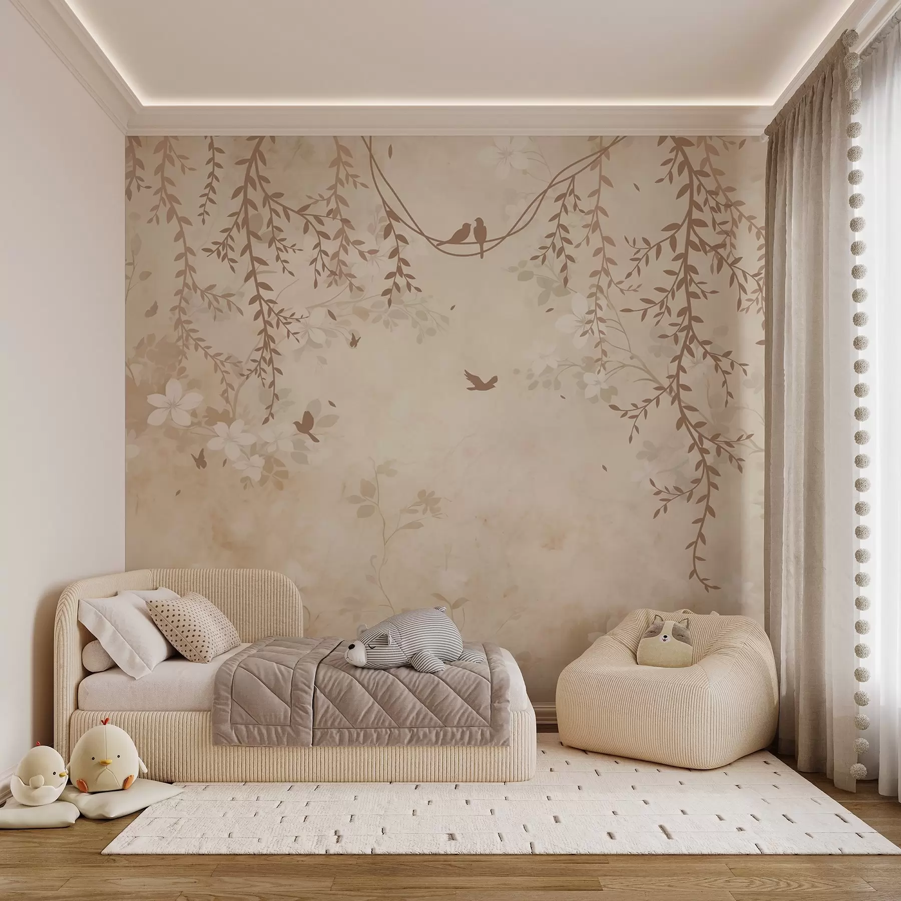 murais de parede Pássaros com plantas suspensas e um padrão floral em tons de bege-creme claro w08809