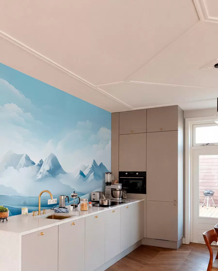murais de parede Nuvens e montanhas azuis minimalistas, tempo gelado w08811