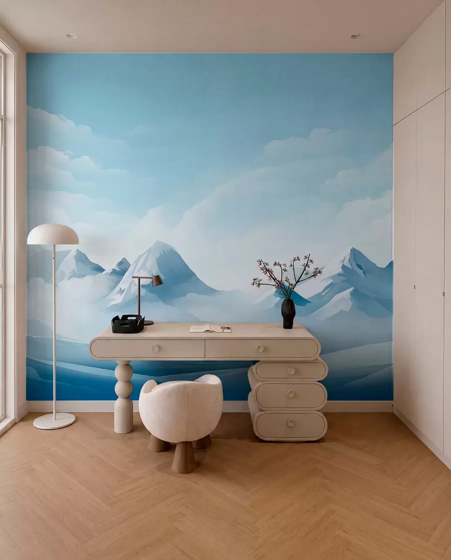 murais de parede Nuvens e montanhas azuis minimalistas, tempo gelado w08811