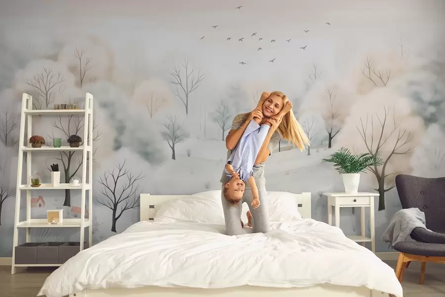 murais de parede Floresta de inverno com árvores, pequenas casas, pássaros e neve num estilo ligeiro de aguarela w08815