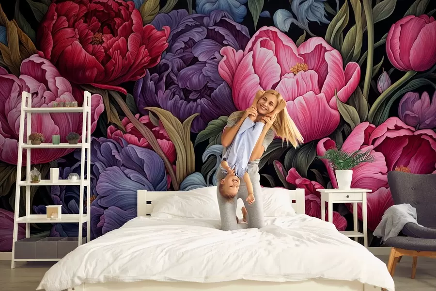 murais de parede Tulipas e peónias em estilo vitoriano, nas cores rosa e roxo w08818