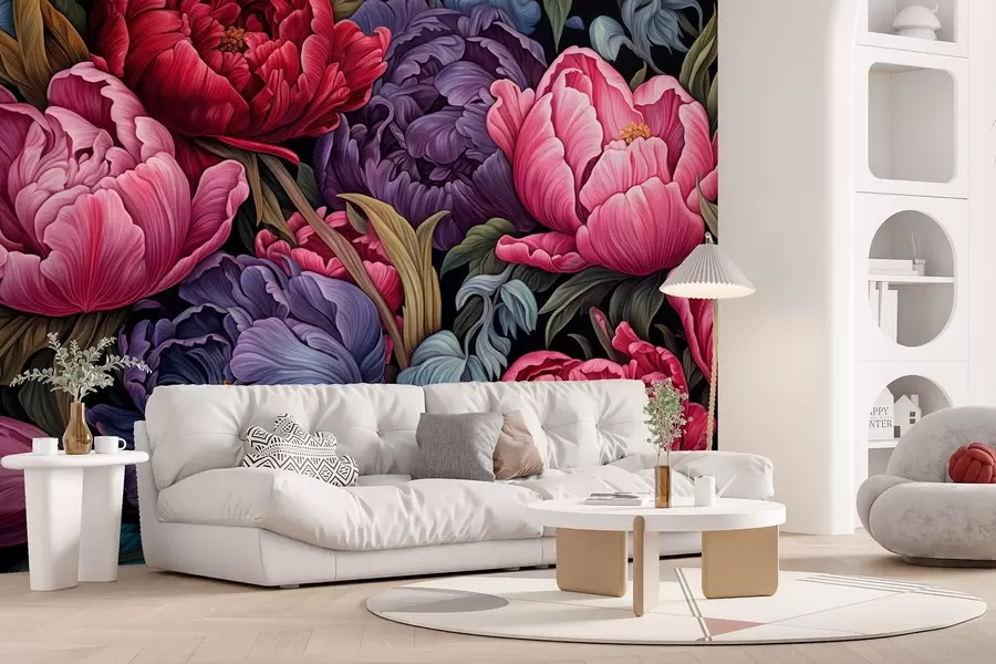 murais de parede Tulipas e peónias em estilo vitoriano, nas cores rosa e roxo w08818