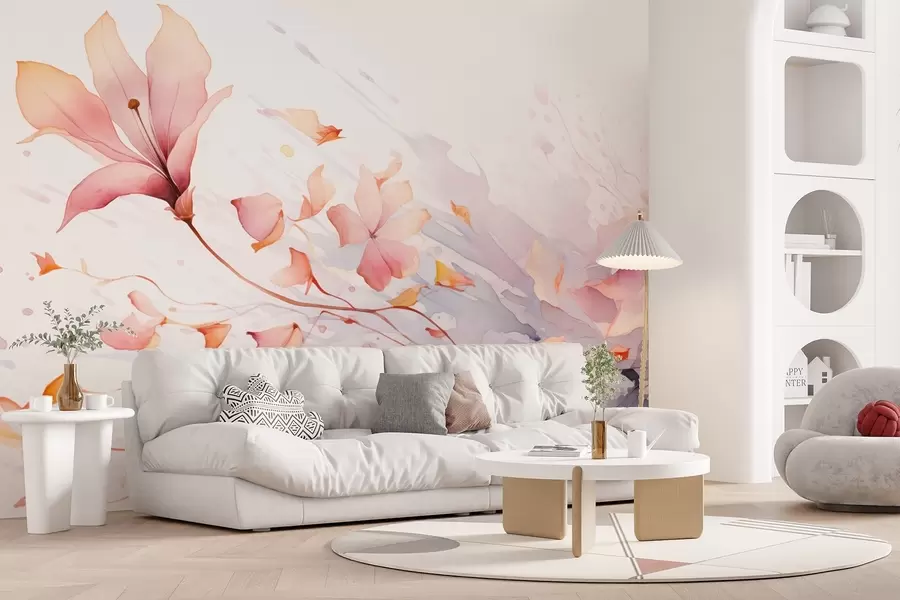 murais de parede Uma flor com pétalas a cair e a esvoaçar ao vento num estilo aguarela w08821