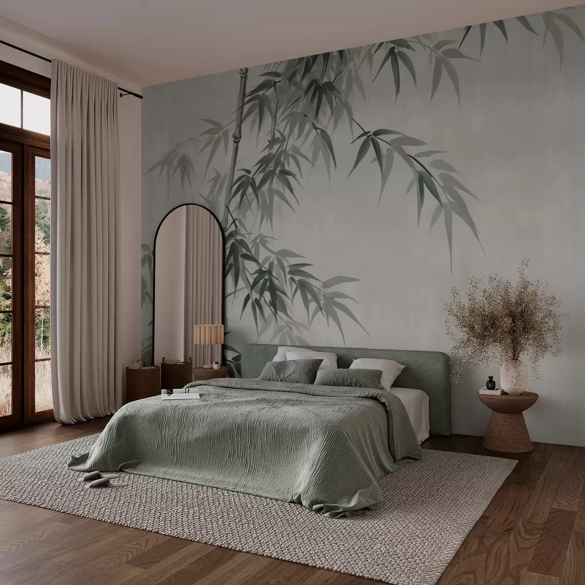 murais de parede Folhas de bambu sobre fundo manchado claro imitação de aguarela w03178