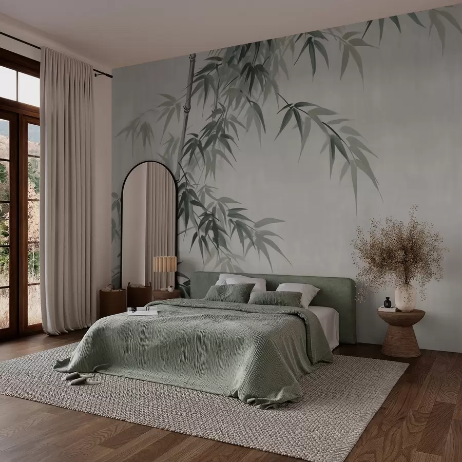 murais de parede Folhas de bambu sobre fundo manchado claro imitação de aguarela w03178