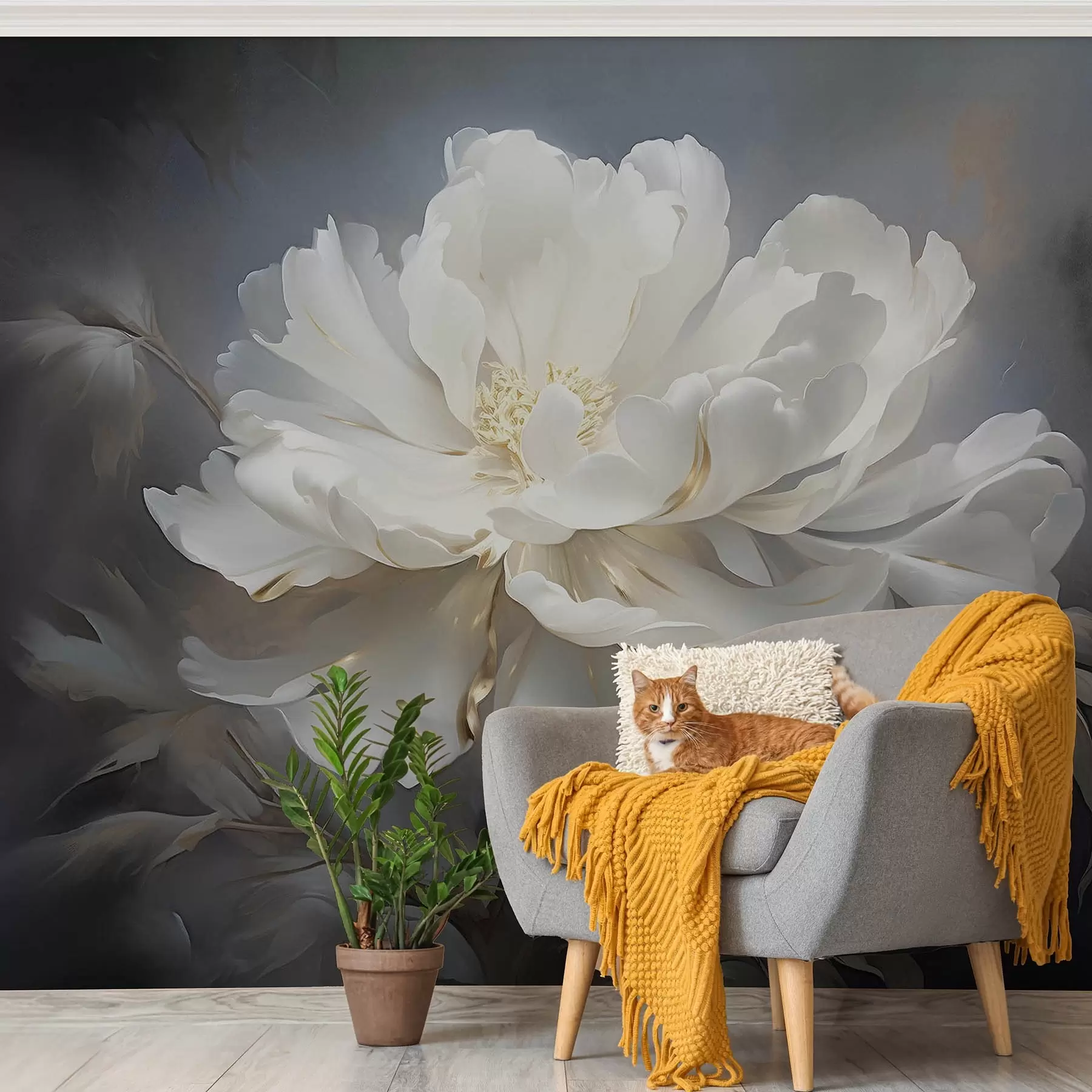 murais de parede Grande flor branca abstrata sobre um fundo escuro w08859