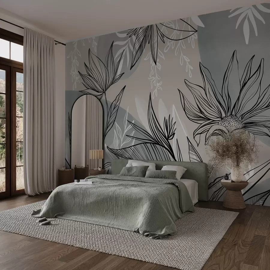 murais de parede Arte de linhas florais com grandes folhas e flores, sobre um fundo de aguarela bege e azul  w08865