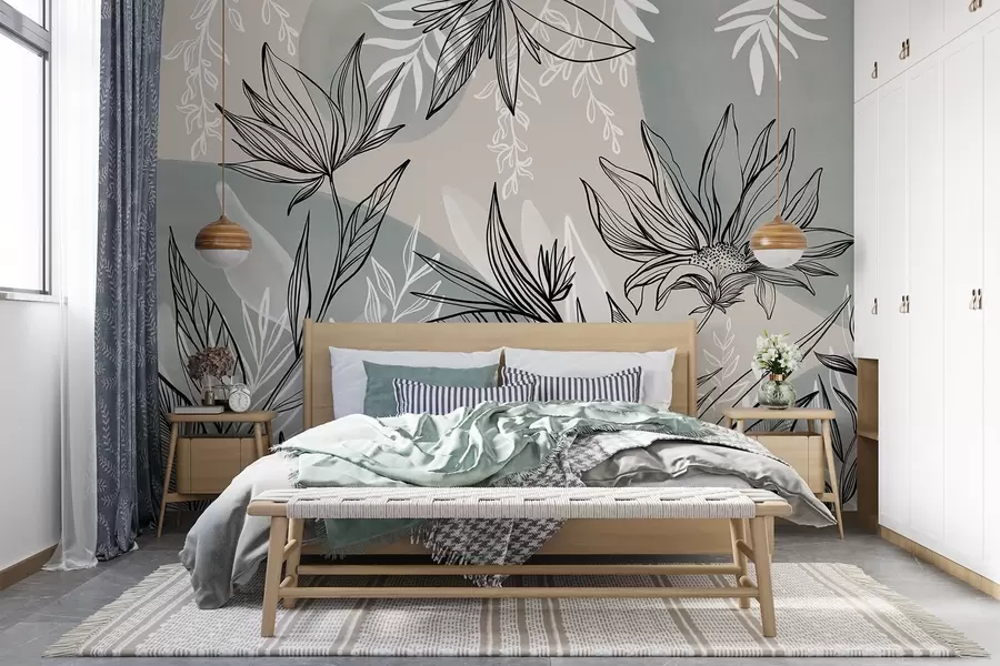 murais de parede Arte de linhas florais com grandes folhas e flores, sobre um fundo de aguarela bege e azul  w08865