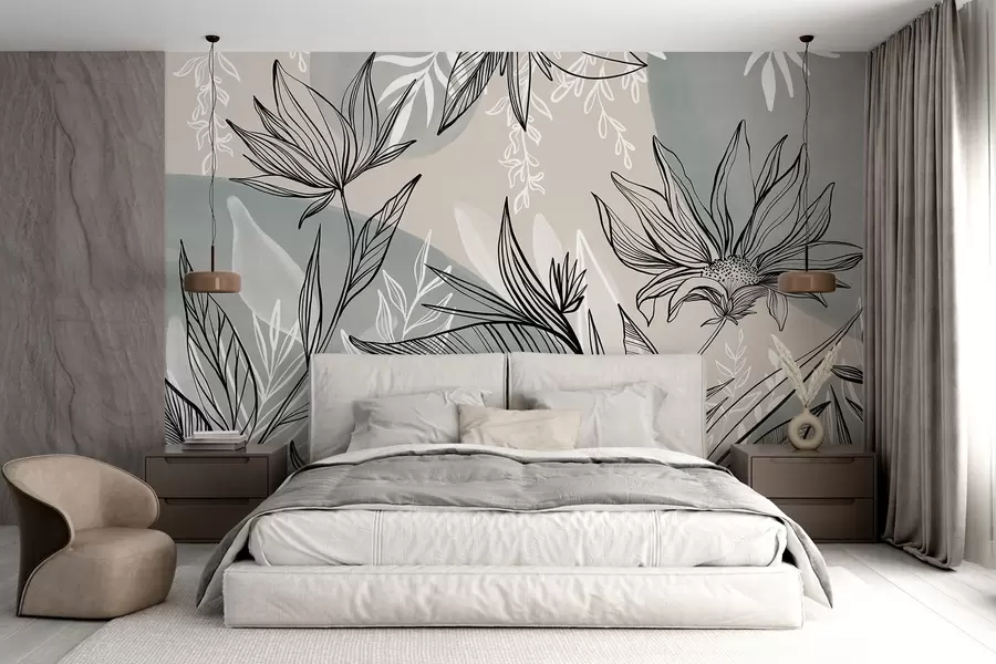 murais de parede Arte de linhas florais com grandes folhas e flores, sobre um fundo de aguarela bege e azul  w08865