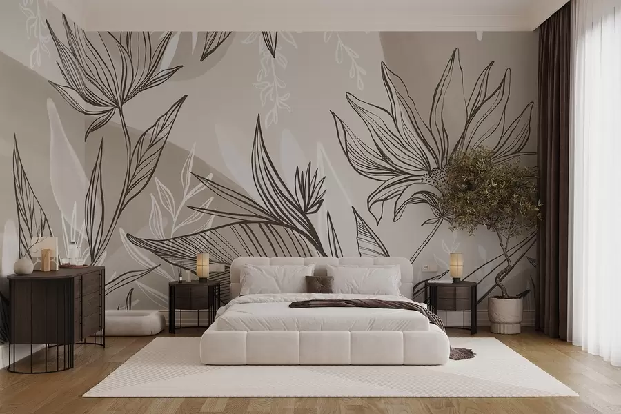 murais de parede Arte de linhas florais com grandes folhas e flores, sobre um fundo de aguarela bege  w08865v1