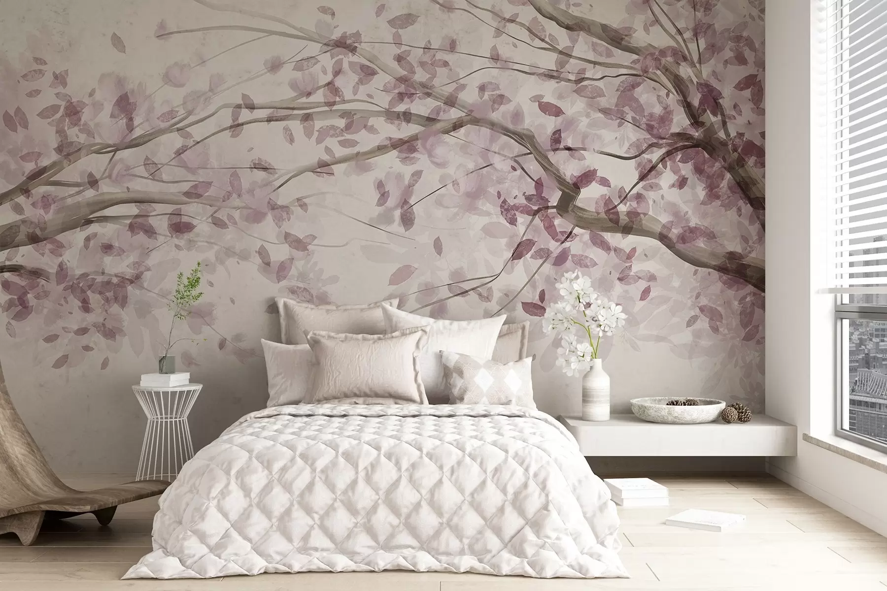 murais de parede Ramos de flores com folhas cor-de-rosa, cores suaves, pormenores delicados, estilo aguarela, sobre um fundo claro w08867