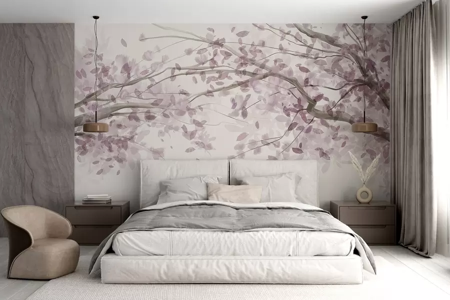 murais de parede Ramos de flores com folhas cor-de-rosa, cores suaves, pormenores delicados, estilo aguarela, sobre um fundo claro w08867