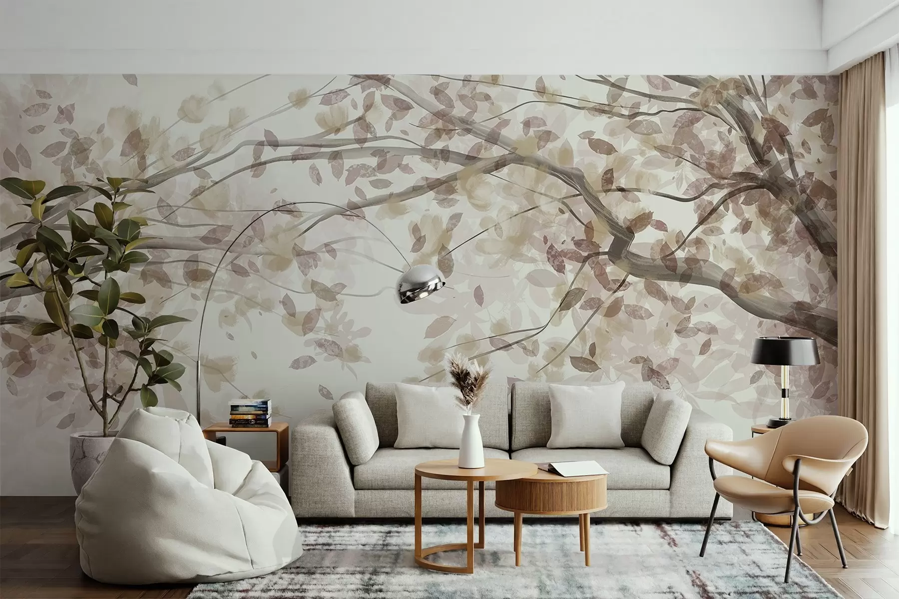 murais de parede Ramos de flores com folhas bege, cores suaves, pormenores delicados, estilo aguarela, sobre um fundo claro w08867v1