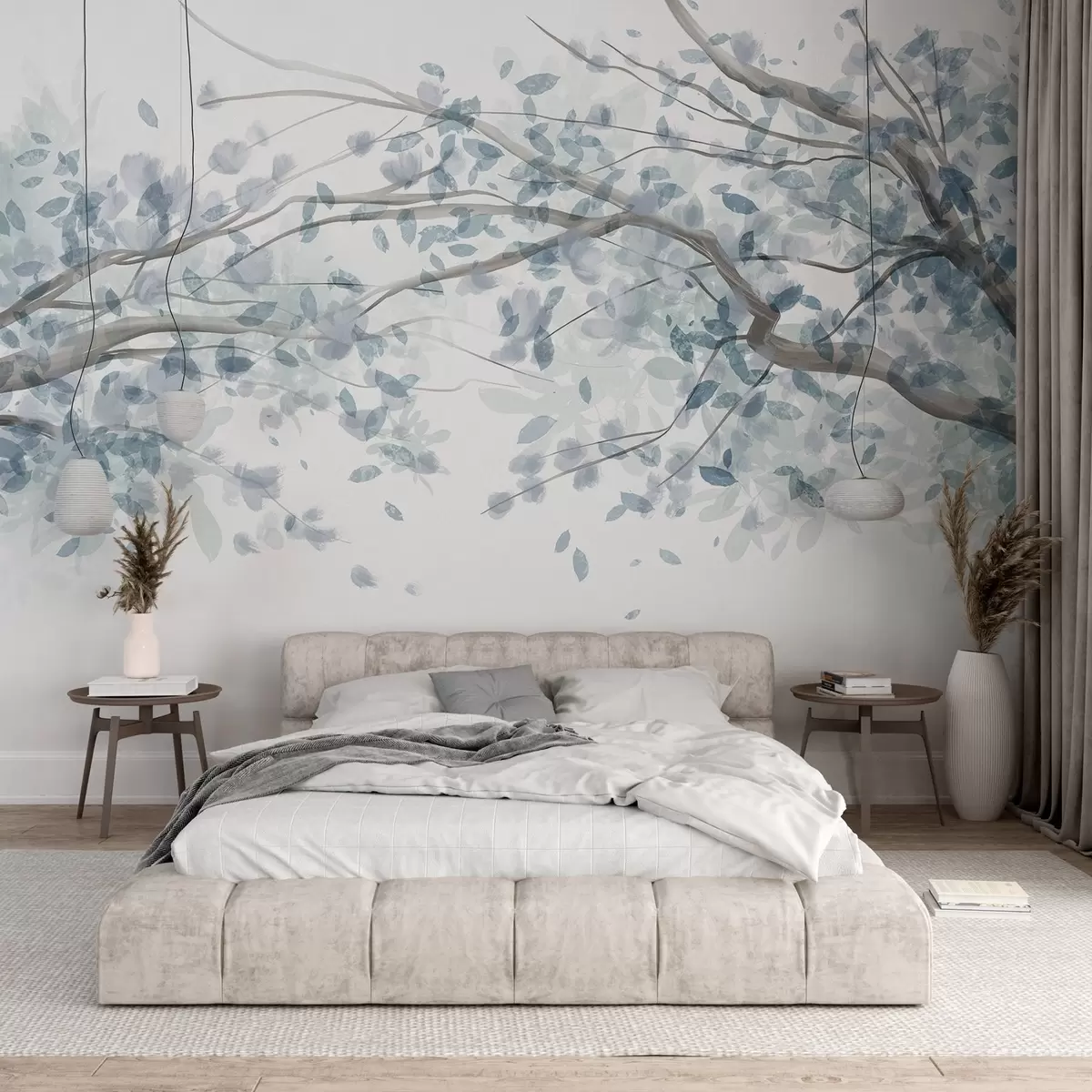 murais de parede Ramos de flores com folhas azuis, cores suaves, pormenores delicados, estilo aguarela, sobre um fundo claro w08867v2