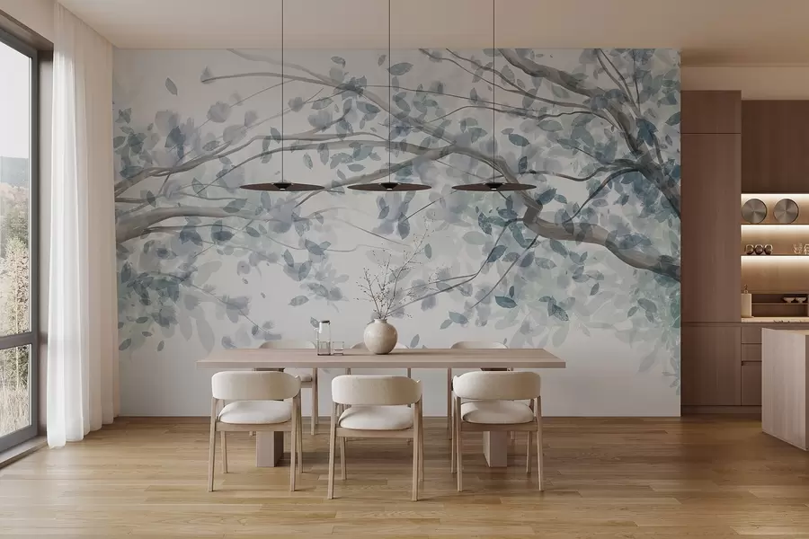 murais de parede Ramos de flores com folhas azuis, cores suaves, pormenores delicados, estilo aguarela, sobre um fundo claro w08867v2