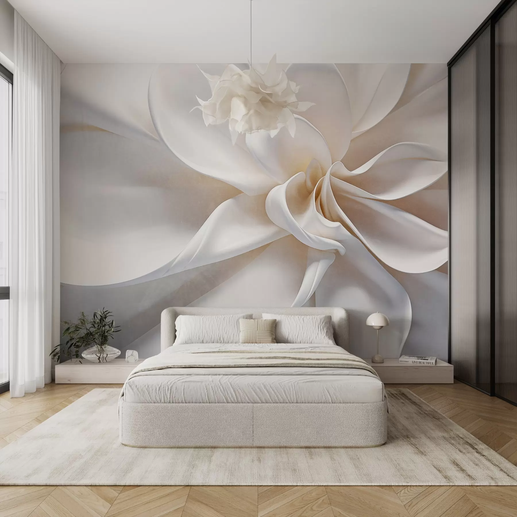 murais de parede Uma flor minimalista de textura pastel branca com pétalas suaves, leve e arejada, sobre um fundo branco w08868