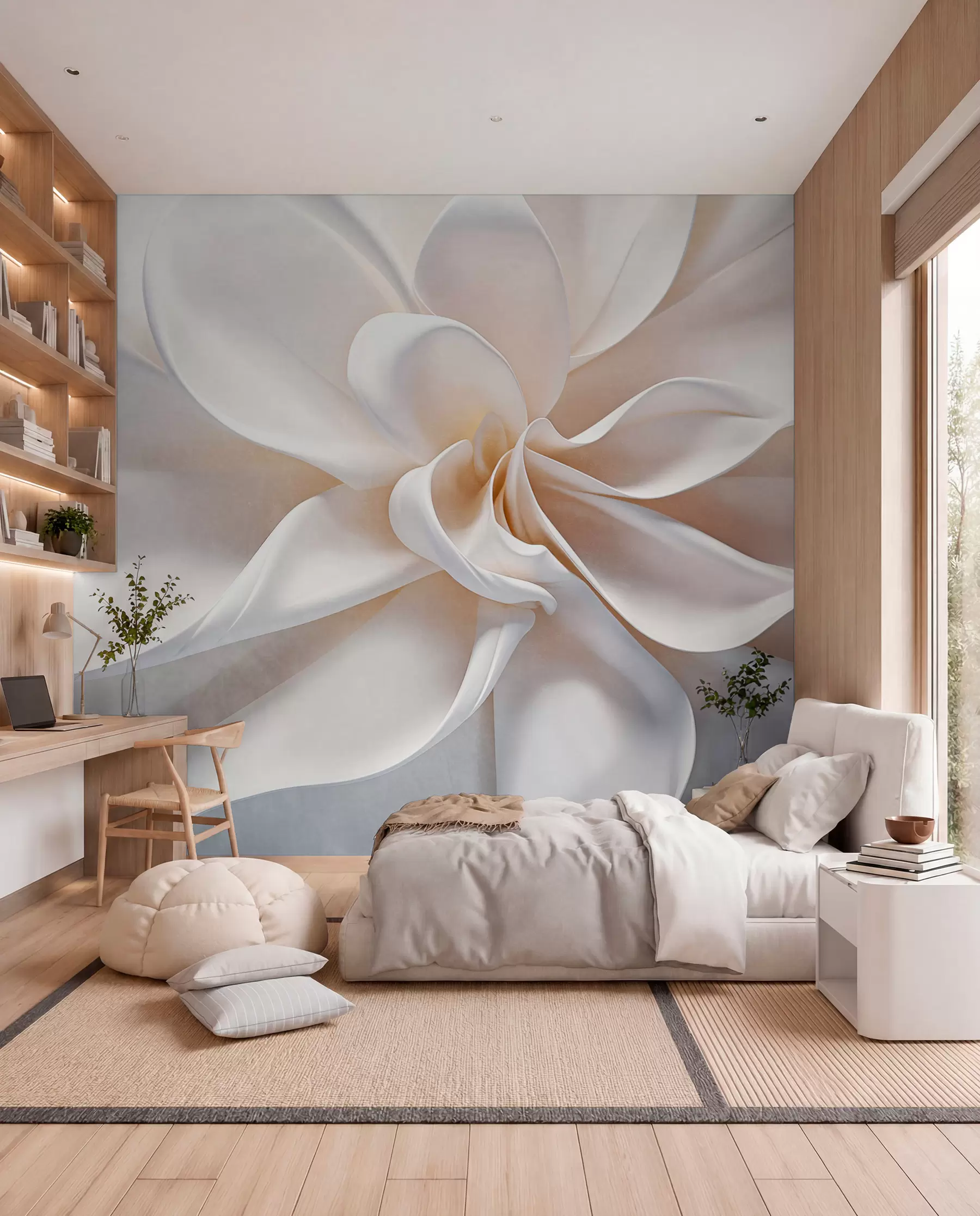 murais de parede Uma flor minimalista de textura pastel branca com pétalas suaves, leve e arejada, sobre um fundo branco w08868