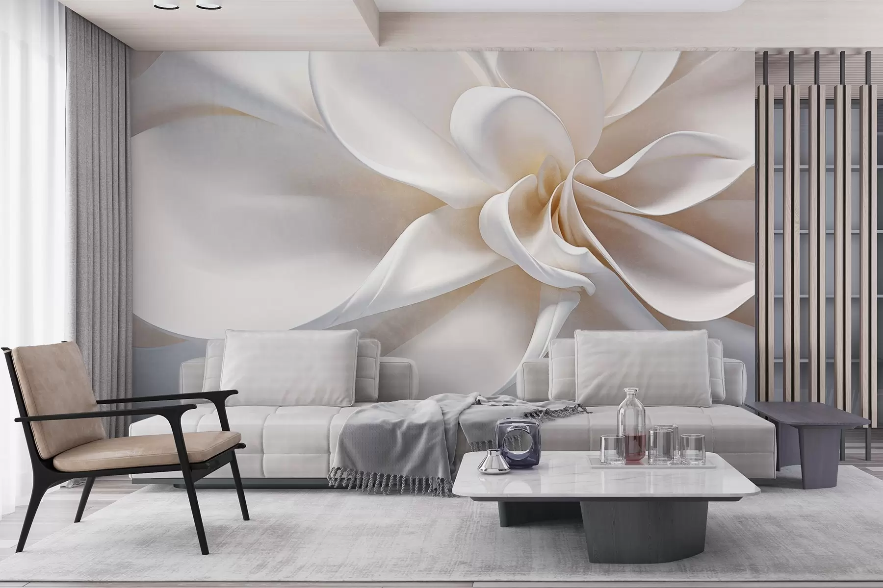 murais de parede Uma flor minimalista de textura pastel branca com pétalas suaves, leve e arejada, sobre um fundo branco w08868