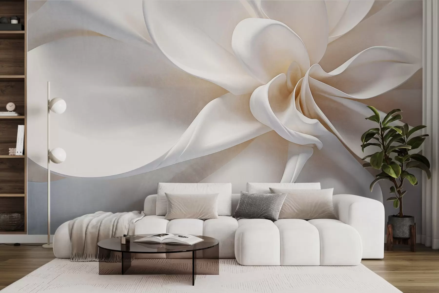 murais de parede Uma flor minimalista de textura pastel branca com pétalas suaves, leve e arejada, sobre um fundo branco w08868