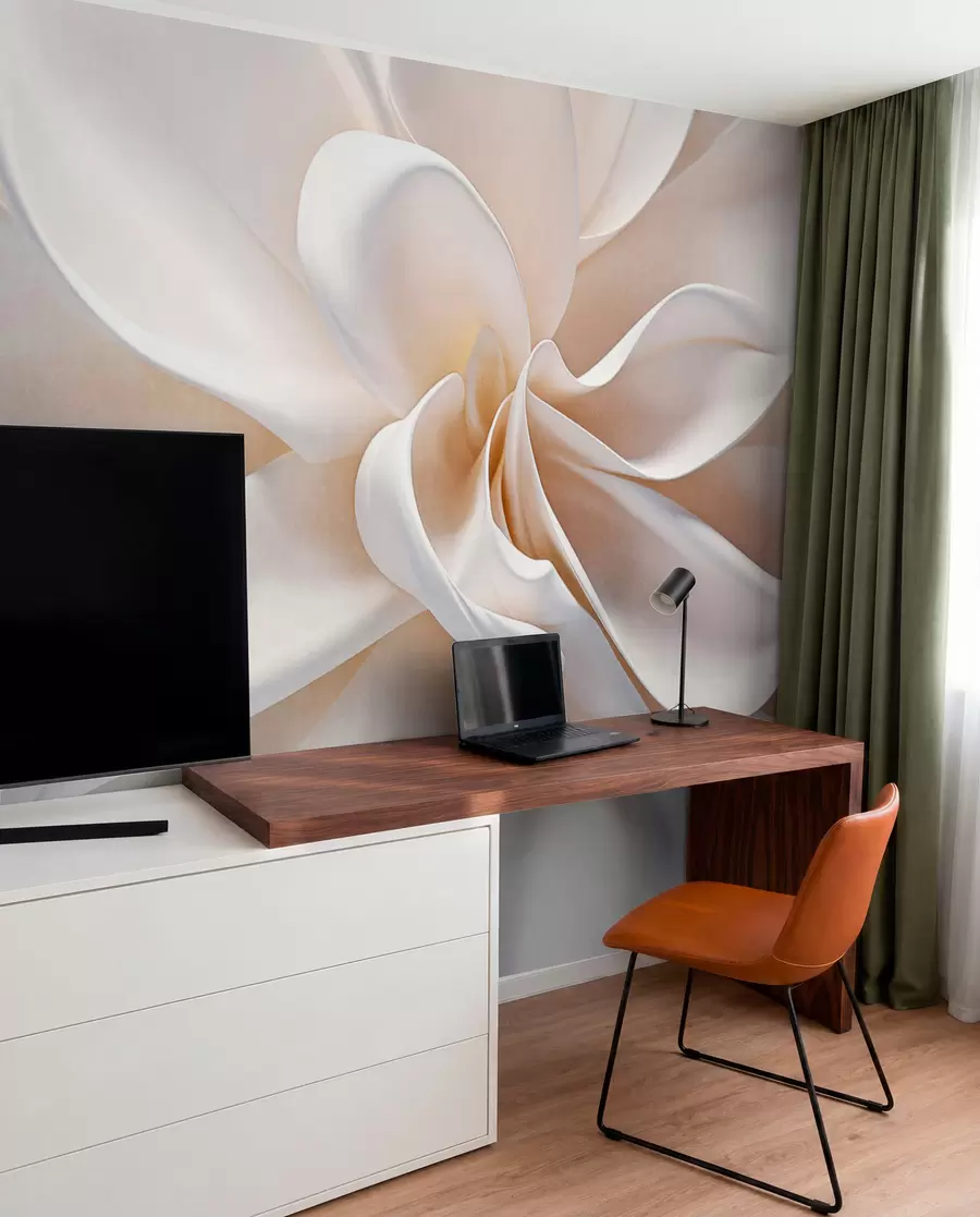 murais de parede Uma flor minimalista de textura pastel branca com pétalas suaves, leve e arejada, sobre um fundo branco w08868