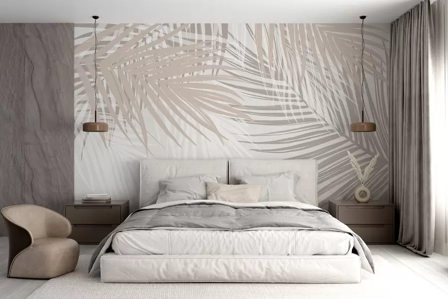murais de parede Folhas de palmeira em tons de bege claro e branco, folhagem tropical, cores pastel suaves, design minimalista w08869