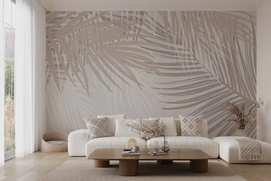 murais de parede Folhas de palmeira em tons de bege claro e branco, folhagem tropical, cores pastel suaves, design minimalista w08869
