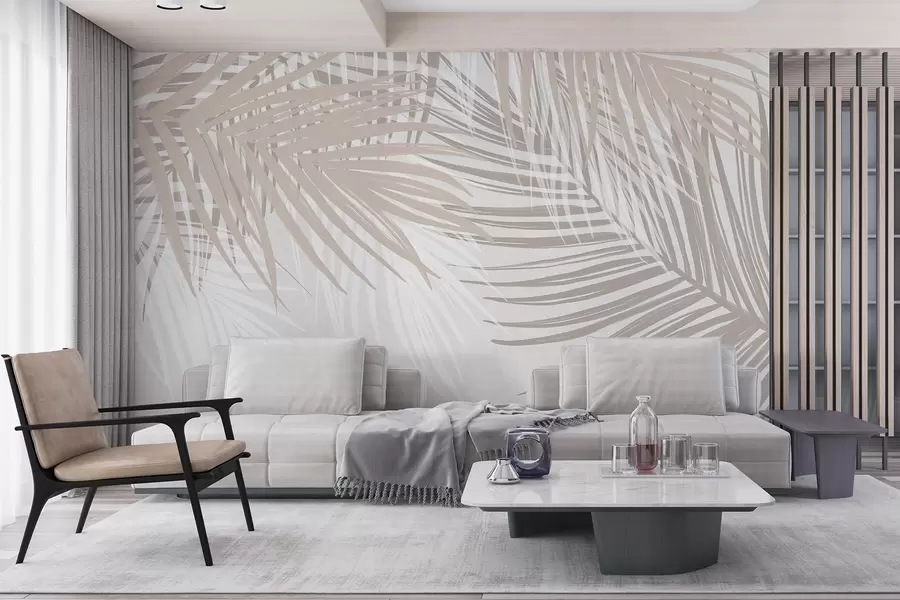 murais de parede Folhas de palmeira em tons de bege claro e branco, folhagem tropical, cores pastel suaves, design minimalista w08869