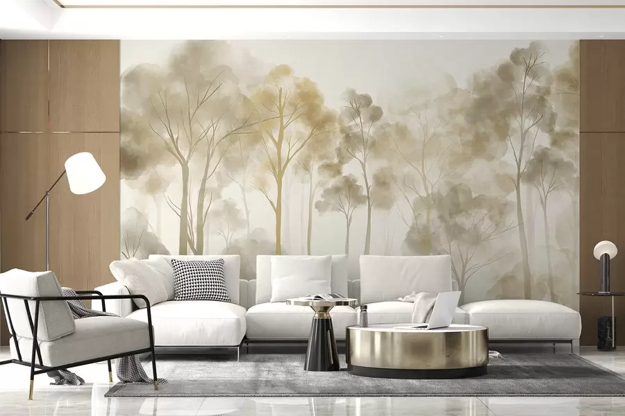 murais de parede Floresta em estilo aguarela com árvores altas de cores claras em tons de bege e amarelo, com uma atmosfera de nevoeiro w08870